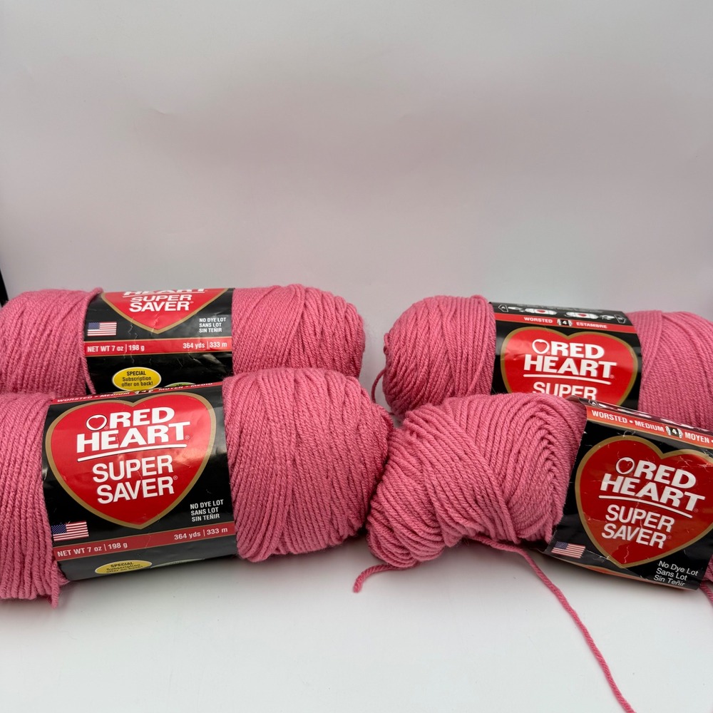 Red Heart Super Saver Yarn Light Raspberry 0774 Worsted 4 Skeins 7oz Bulk Lot
